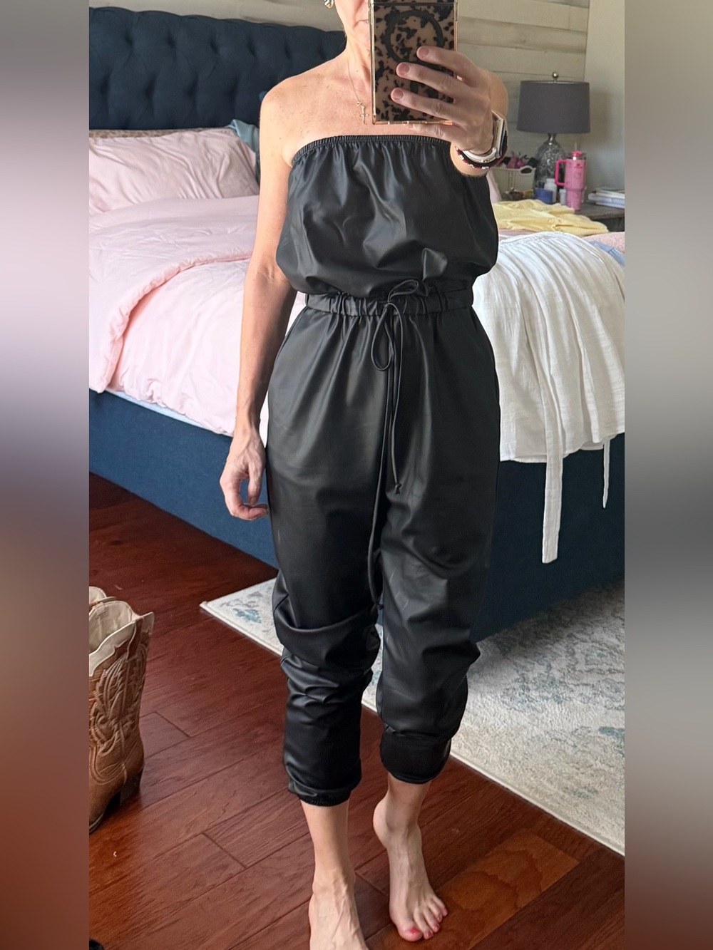 First Love Black Strapless Faux Leather Jumpsuit with Drawstring